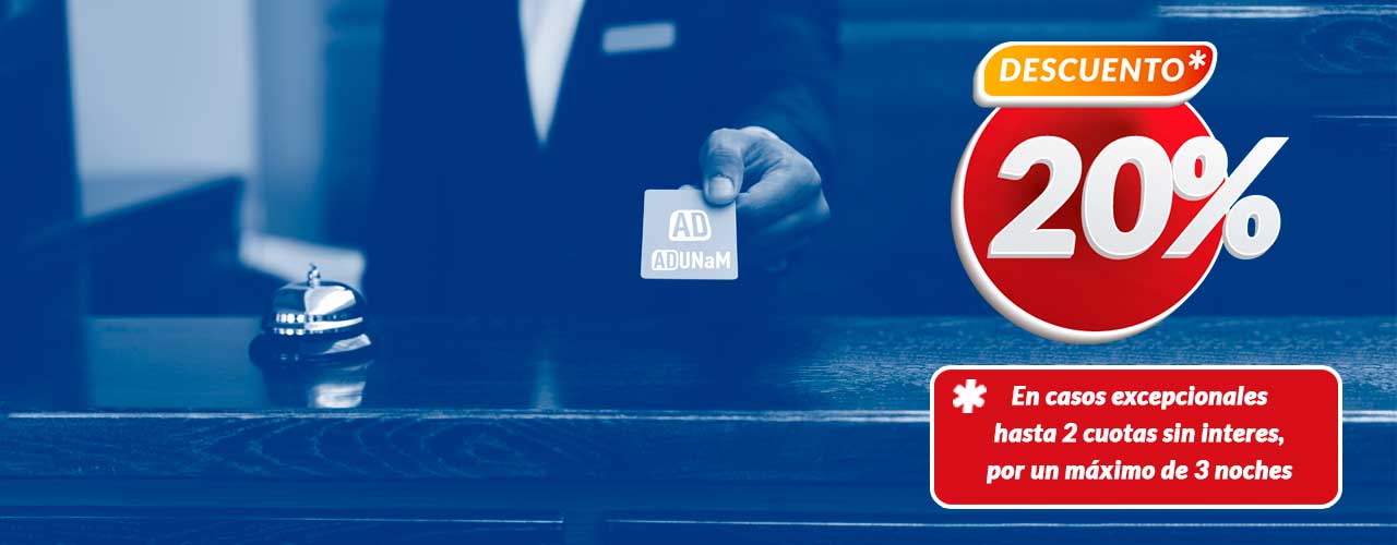 La cobertura brindada por ADUNaM para alojamientos en los hoteles con convenio permite una bonificación del 20% en la tarifa a contratar. ADUNaM. Asociación de Docentes de la Universidad Nacional de Misiones cartel-hoteles-para-afiliados-adunam-con-descuento-y-pagos-en-cuota-sin-intereses-adunam-misiones